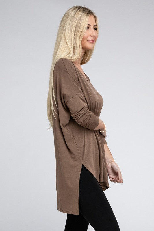 Dolman Long Sleeve V-Neck Side Slit Hi-Low Hem Top, Top, Long Sleeve, Missy, Polyester, Solid, Tunics, V-Neck - Miah & Elliott