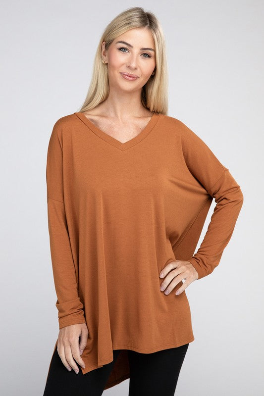 Dolman Long Sleeve V-Neck Side Slit Hi-Low Hem Top, Top, Long Sleeve, Missy, Polyester, Solid, Tunics, V-Neck - Miah & Elliott