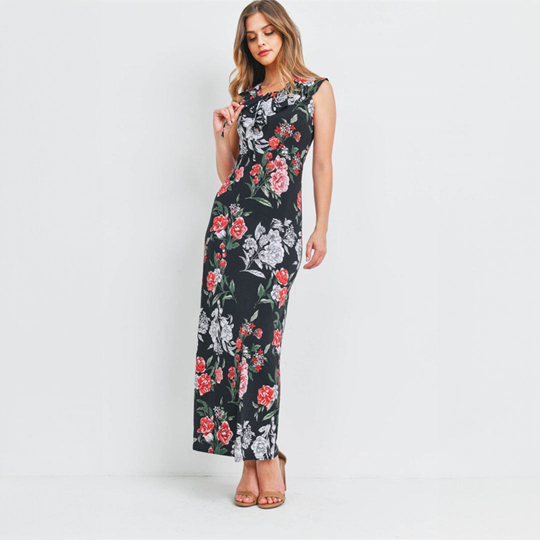 Black Floral Maxi Dress - Elegant Short Sleeve Flower Print Long Dress Miah & Elliott Black Floral Maxi Dress - Elegant Short Sleeve Flower Print Long Dress Miah & Elliott