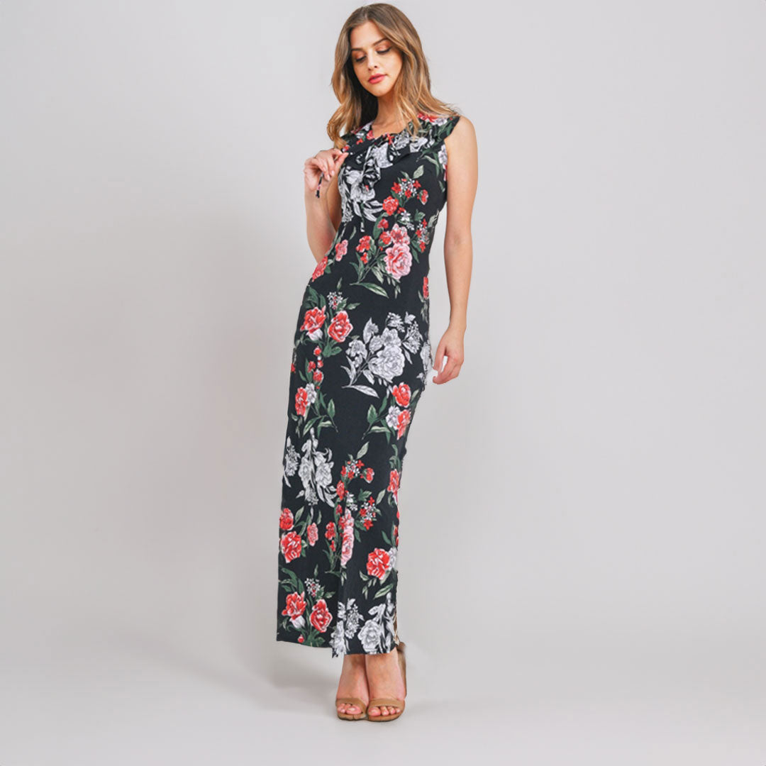 Black Floral Maxi Dress - Elegant Short Sleeve Flower Print Long Dress Miah & Elliott Black Floral Maxi Dress - Elegant Short Sleeve Flower Print Long Dress Miah & Elliott