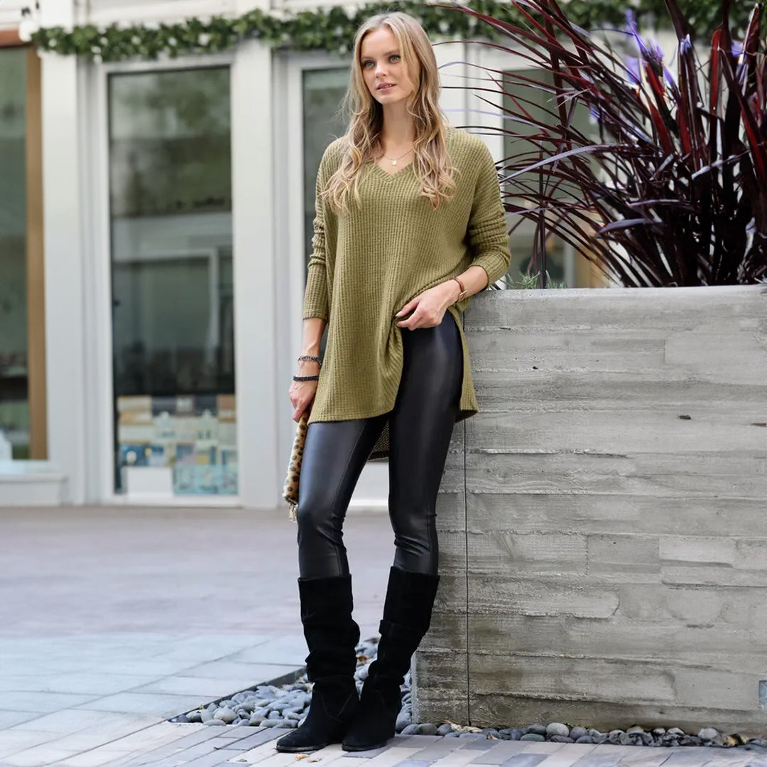 BRUSHED THERMAL WAFFLE V-NECK HI-LOW HEM SWEATER, Coat, Cute top, Sweater, Sweaters, Top, winter, Woman apparel, Women's top, Womens clothing - Miah & Elliott