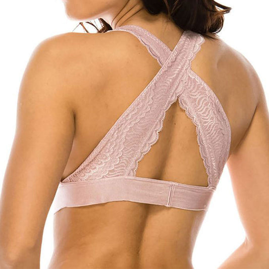 Criss-cross Backed Lace Bralette Pink, Bras & Underwear, Bra, Curvy, Cute top, Lace, Pink, Top, Woman apparel, Womens clothing - Miah & Elliott