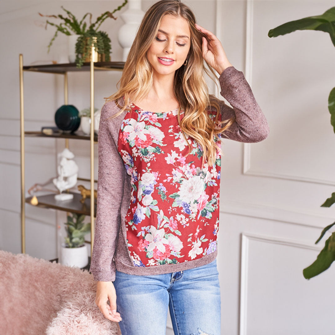 Burgundy/Mocha Floral Print Top, Top, Burgundy, Cute top, Floral, Top, winter, Woman apparel, Women's top, Womens clothing - Miah & Elliott