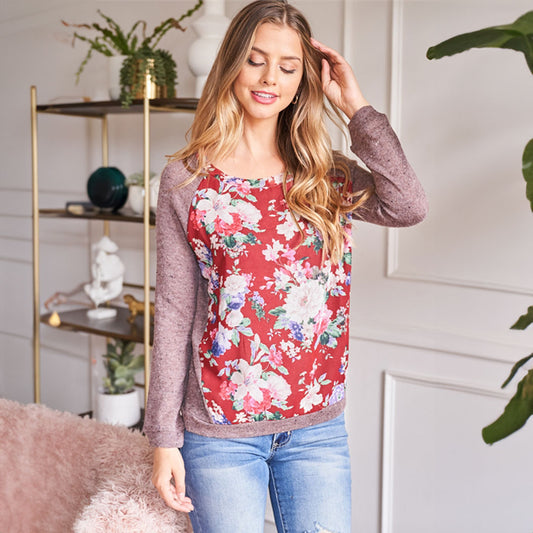 Burgundy/Mocha Floral Print Top, Top, Burgundy, Cute top, Floral, Top, winter, Woman apparel, Women's top, Womens clothing - Miah & Elliott