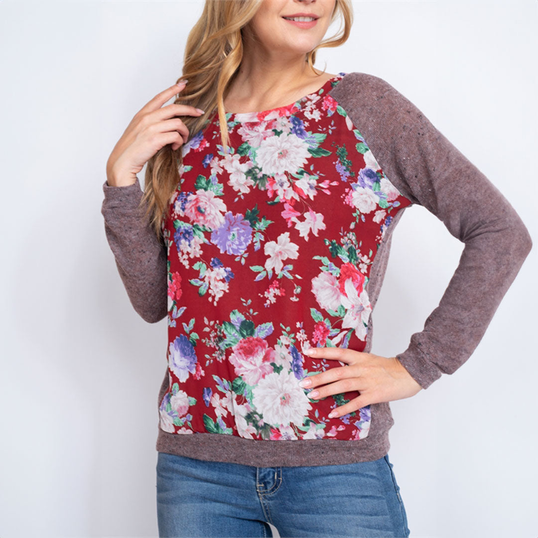 Burgundy/Mocha Floral Print Top, Top, Burgundy, Cute top, Floral, Top, winter, Woman apparel, Women's top, Womens clothing - Miah & Elliott