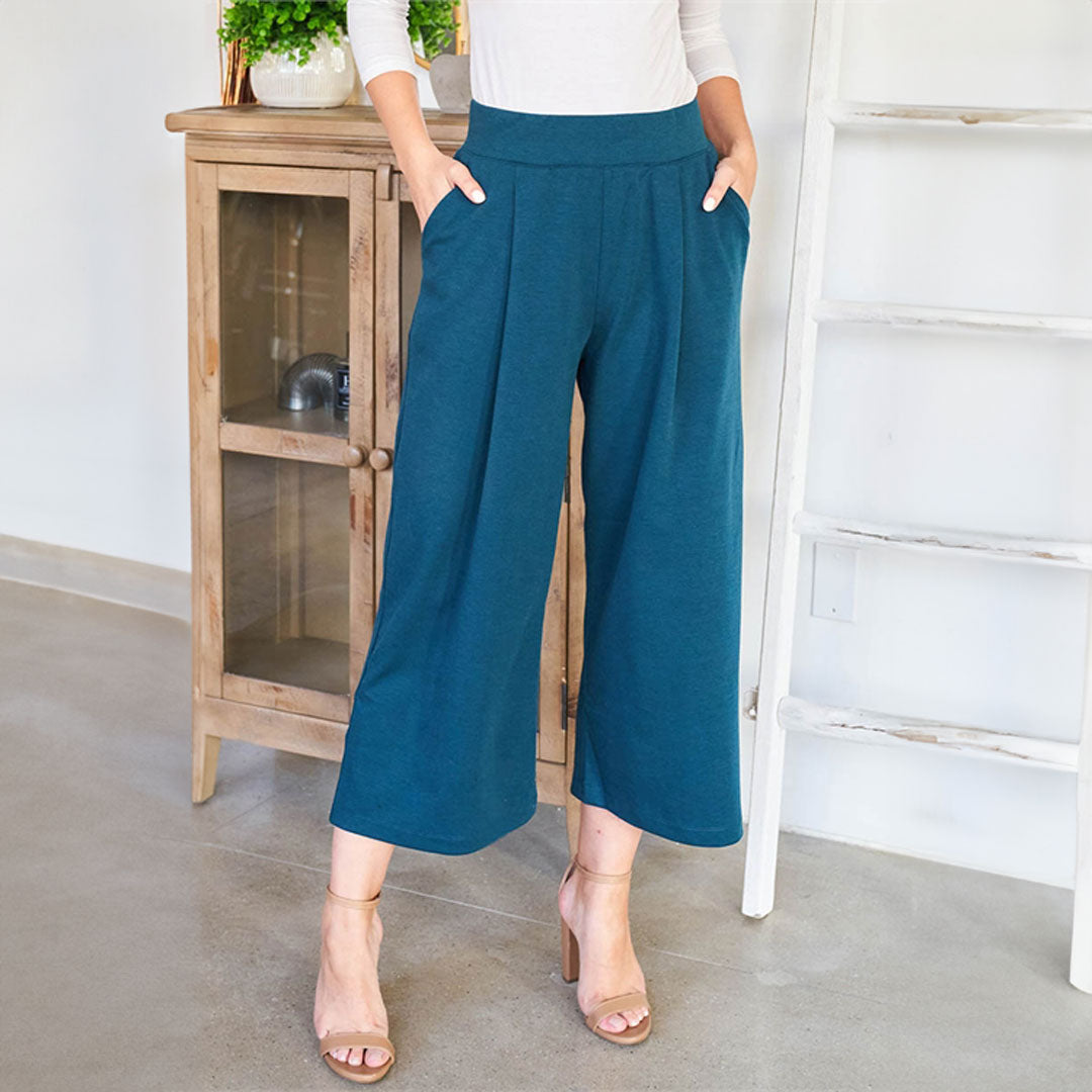 Wide Leg Midi Gaucho Pants, Pants, Green, Midi, Pants, Wide leg, Woman apparel, Womens clothing - Miah & Elliott