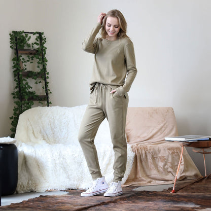 Cotton top & Jogger Set, Sets, Bottoms, Curvy, Cute top, jogger set, Khaki, set, Top, winter, Woman apparel, Women's top, Womens clothing - Miah & Elliott