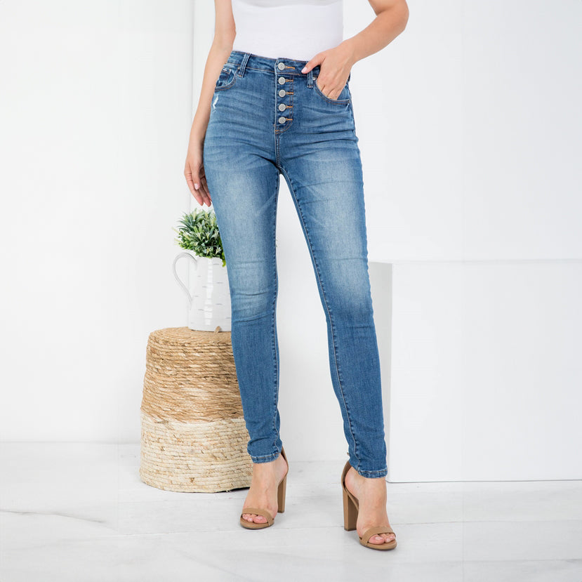 Front Button High Rise Skinny Jeans, Pants, Blue, Bottoms, Jeans, Pants, Woman apparel, Womens clothing - Miah & Elliott