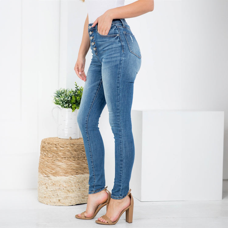 Front Button High Rise Skinny Jeans, Pants, Blue, Bottoms, Jeans, Pants, Woman apparel, Womens clothing - Miah & Elliott