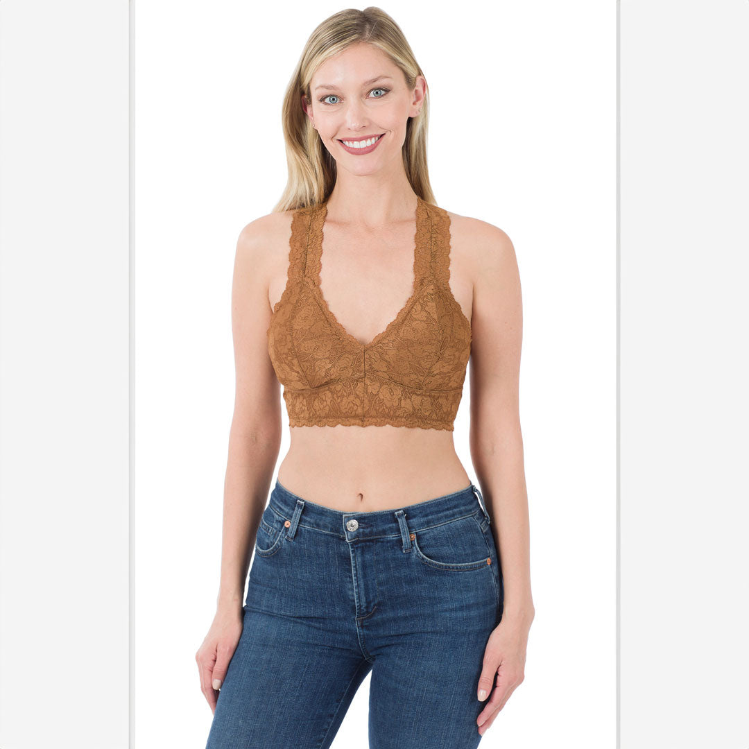 Racerback Lace Padded Bralette, Bras & Underwear, Bralette, brown, Curvy, Woman apparel, Womens clothing - Miah & Elliott