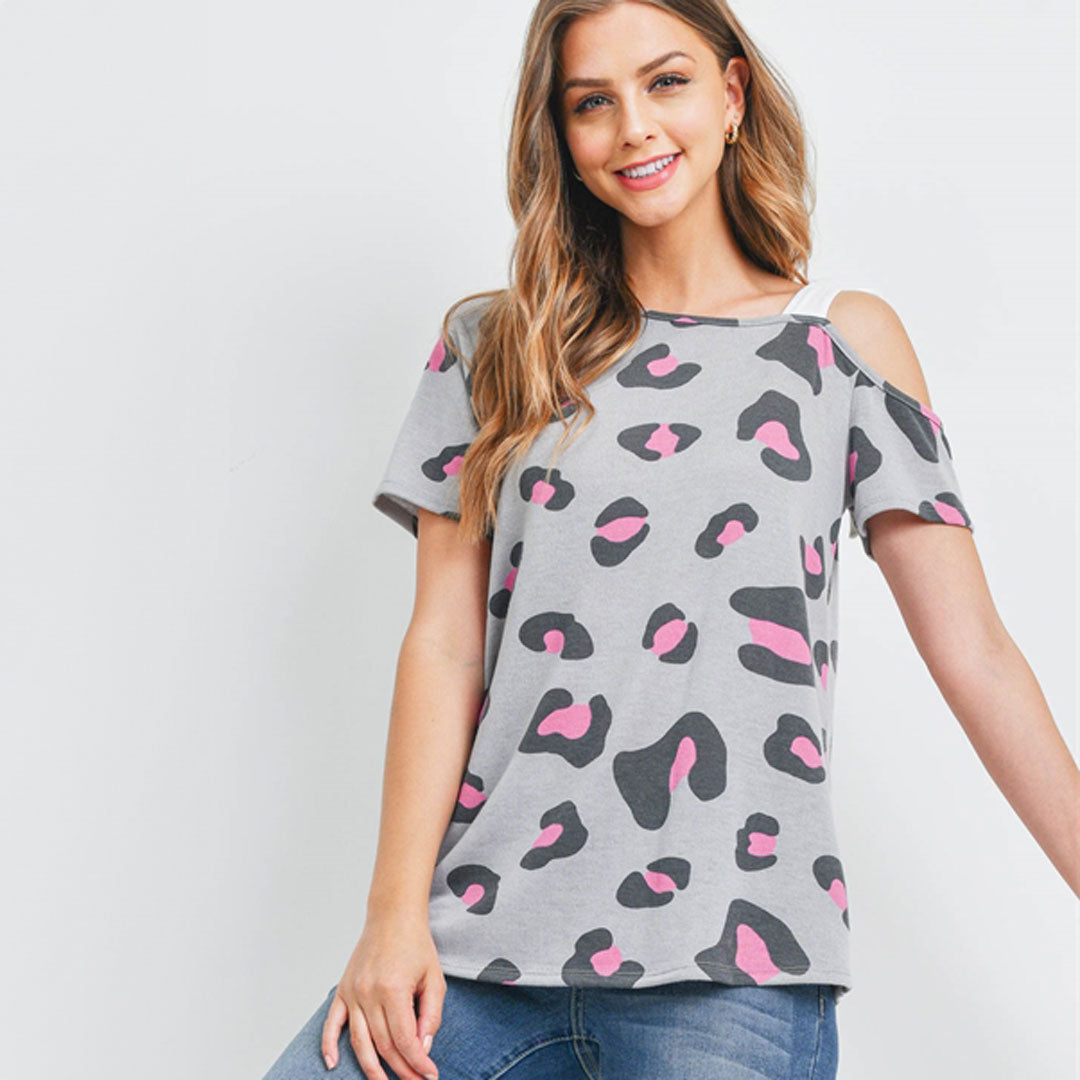 Cold Shoulder Leopard Top, Top, Curvy, Leopard, Pink, Top, Woman apparel, Women's top, Womens clothing - Miah & Elliott