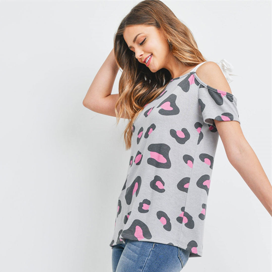 Cold Shoulder Leopard Top, Top, Curvy, Leopard, Pink, Top, Woman apparel, Women's top, Womens clothing - Miah & Elliott