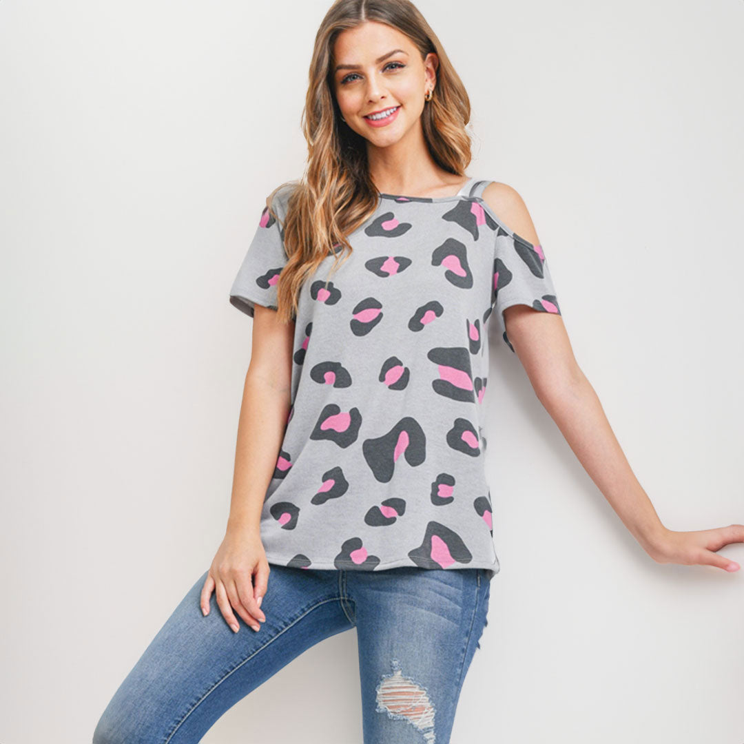 Cold Shoulder Leopard Top, Top, Curvy, Leopard, Pink, Top, Woman apparel, Women's top, Womens clothing - Miah & Elliott