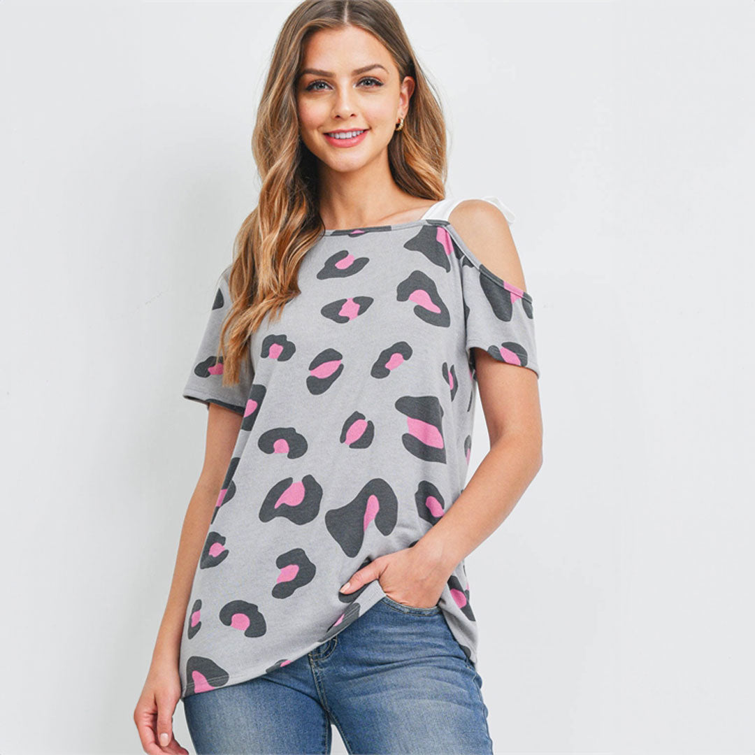 Cold Shoulder Leopard Top, Top, Curvy, Leopard, Pink, Top, Woman apparel, Women's top, Womens clothing - Miah & Elliott