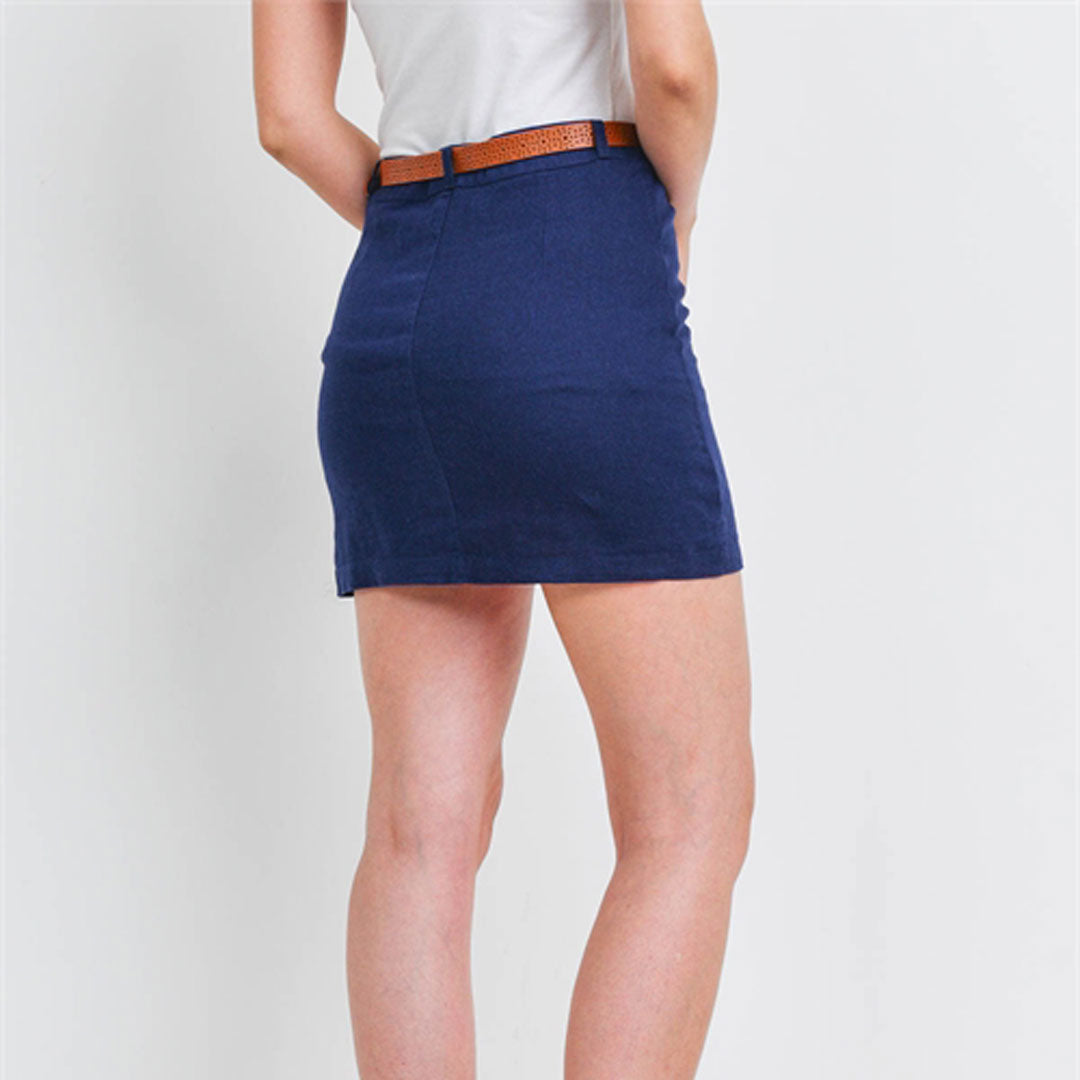 Navy Skirt, Skirts, Blue, Brown Belt, Mini Skirt, Navy, Navy Blue, Skirt, Woman apparel, Womens clothing - Miah & Elliott