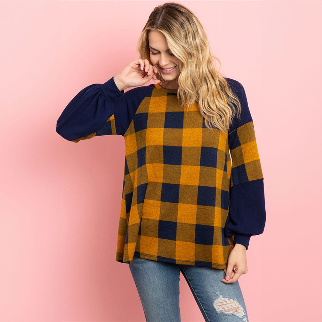 Plaid Mustard/Navy Top, Top, Curvy, Cute top, Top, winter, With curves, Woman apparel, Women's top, Womens clothing - Miah & Elliott