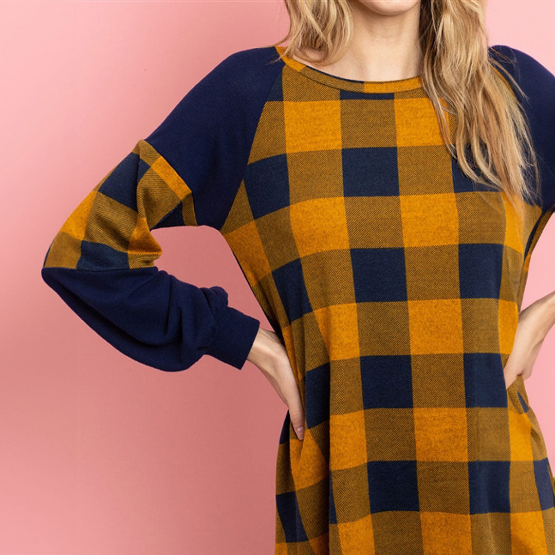 Plaid Mustard/Navy Top, Top, Curvy, Cute top, Top, winter, With curves, Woman apparel, Women's top, Womens clothing - Miah & Elliott