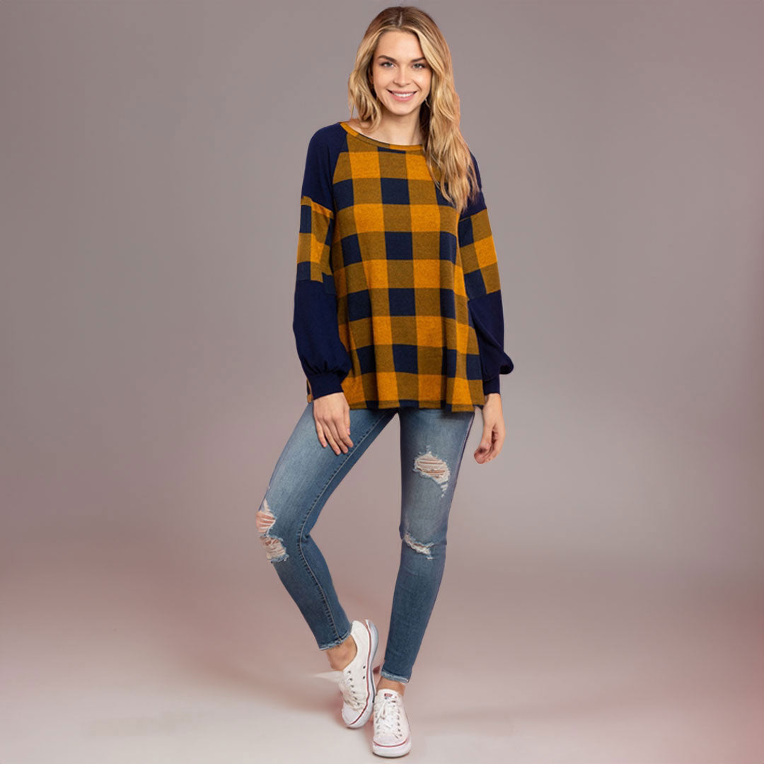 Plaid Mustard/Navy Top, Top, Curvy, Cute top, Top, winter, With curves, Woman apparel, Women's top, Womens clothing - Miah & Elliott