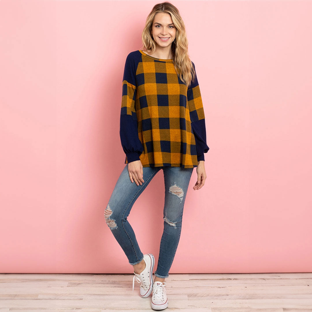 Plaid Mustard/Navy Top, Top, Curvy, Cute top, Top, winter, With curves, Woman apparel, Women's top, Womens clothing - Miah & Elliott