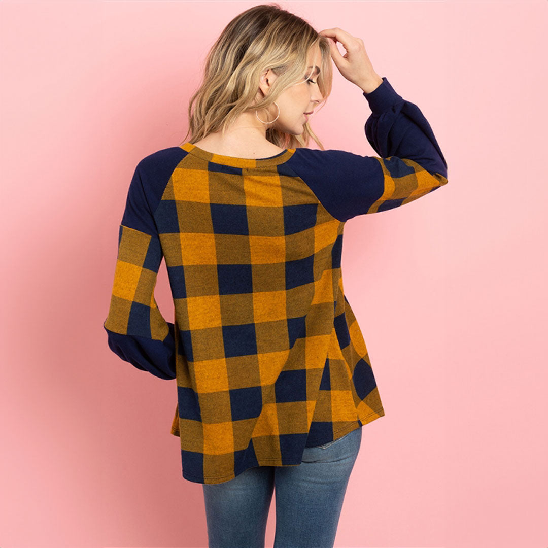 Plaid Mustard/Navy Top, Top, Curvy, Cute top, Top, winter, With curves, Woman apparel, Women's top, Womens clothing - Miah & Elliott