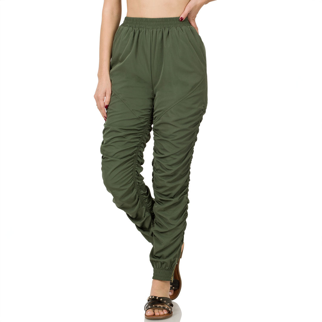 Ruched Pants, Pants, Bottoms, Curvy, Elastic, Green, Ruched, Woman apparel, Womens clothing - Miah & Elliott