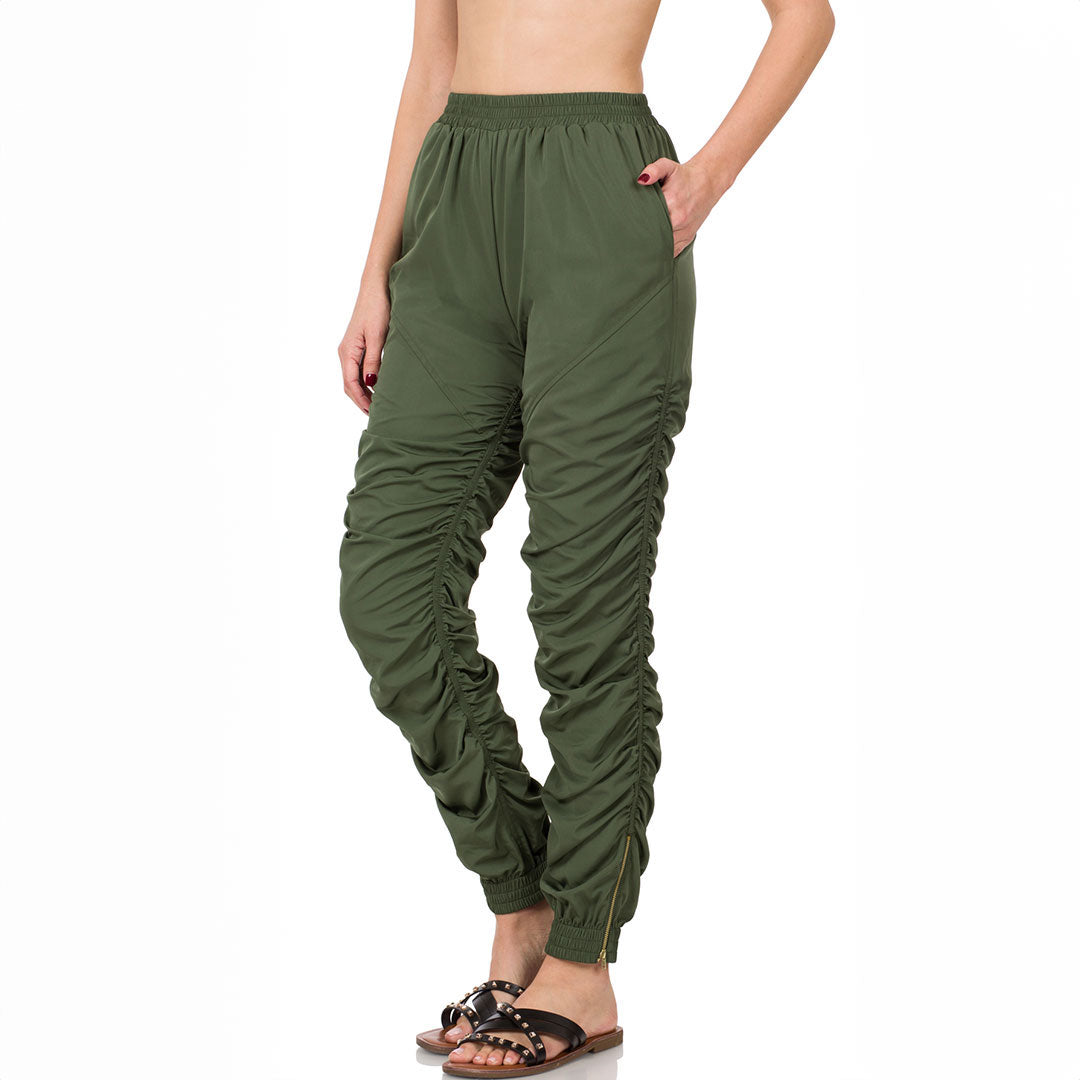 Ruched Pants, Pants, Bottoms, Curvy, Elastic, Green, Ruched, Woman apparel, Womens clothing - Miah & Elliott