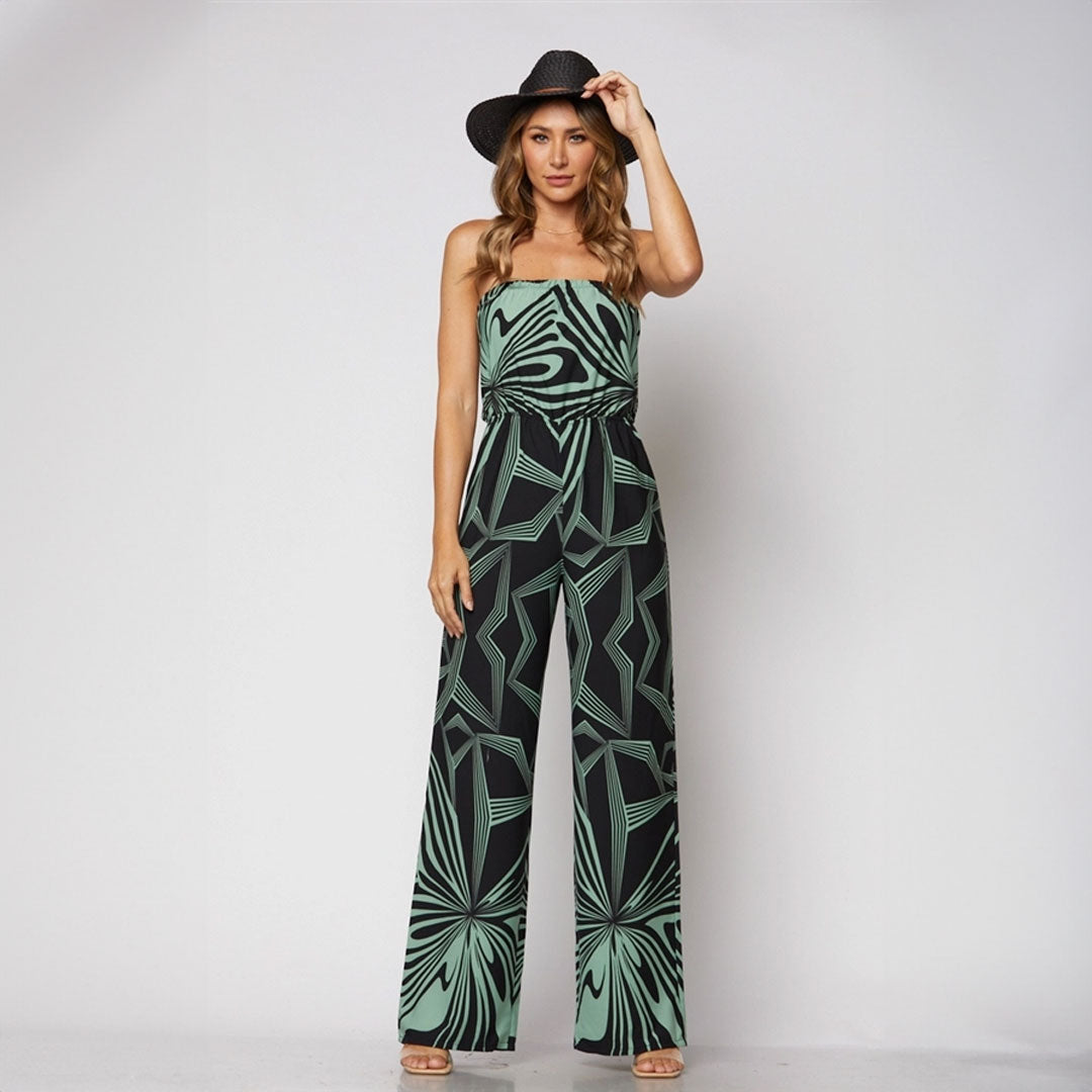 Retro Geo Print Strapless Jumpsuit, Jumpsuit, Green, Jumpsuit, Woman apparel, Womens clothing - Miah & Elliott