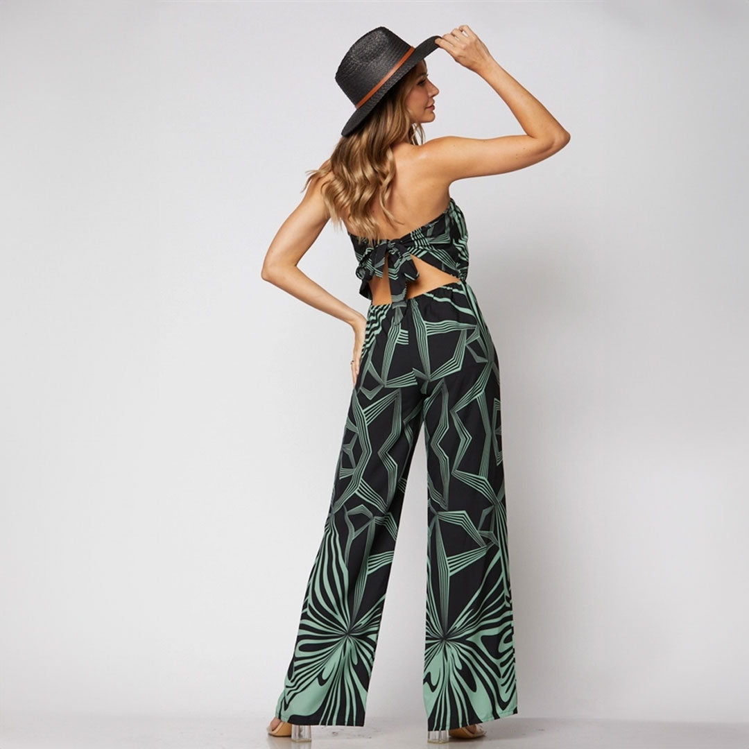 Retro Geo Print Strapless Jumpsuit, Jumpsuit, Green, Jumpsuit, Woman apparel, Womens clothing - Miah & Elliott