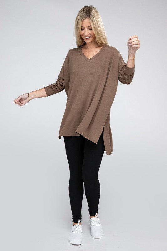 Dolman Long Sleeve V-Neck Side Slit Hi-Low Hem Top, Top, Long Sleeve, Missy, Polyester, Solid, Tunics, V-Neck - Miah & Elliott