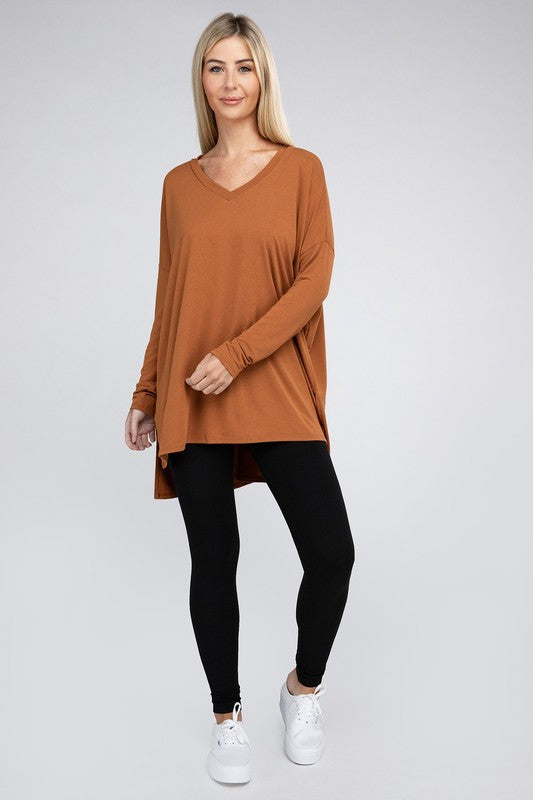 Dolman Long Sleeve V-Neck Side Slit Hi-Low Hem Top, Top, Long Sleeve, Missy, Polyester, Solid, Tunics, V-Neck - Miah & Elliott