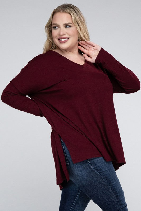 Plus Dolman Sleeve V-Neck Side Slit Hi-Low Hem Top, Top, Long Sleeve, Plus, Polyester, Solid, Tunics, V-Neck - Miah & Elliott