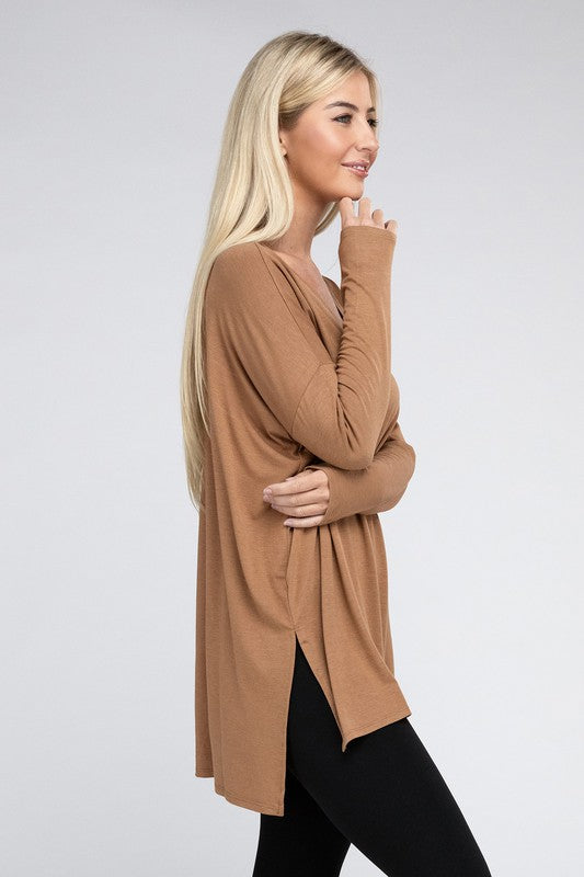 Dolman Long Sleeve V-Neck Side Slit Hi-Low Hem Top, Top, Long Sleeve, Missy, Polyester, Solid, Tunics, V-Neck - Miah & Elliott