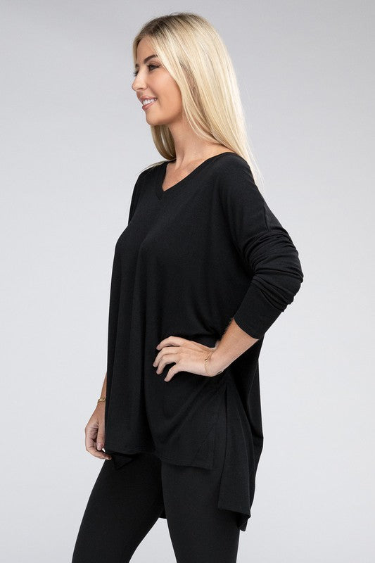 Dolman Long Sleeve V-Neck Side Slit Hi-Low Hem Top, Top, Long Sleeve, Missy, Polyester, Solid, Tunics, V-Neck - Miah & Elliott