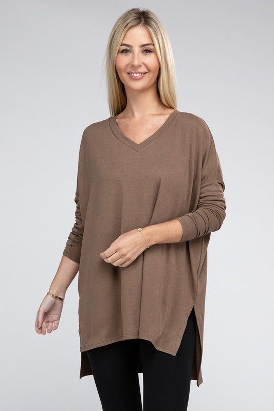 Dolman Long Sleeve V-Neck Side Slit Hi-Low Hem Top, Top, Long Sleeve, Missy, Polyester, Solid, Tunics, V-Neck - Miah & Elliott