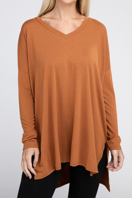 Dolman Long Sleeve V-Neck Side Slit Hi-Low Hem Top, Top, Long Sleeve, Missy, Polyester, Solid, Tunics, V-Neck - Miah & Elliott