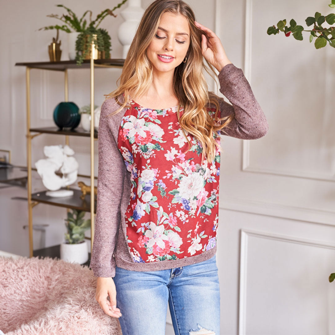 Burgundy/Mocha Floral Print Top, Top, Burgundy, Cute top, Floral, Top, winter, Woman apparel, Women's top, Womens clothing - Miah & Elliott