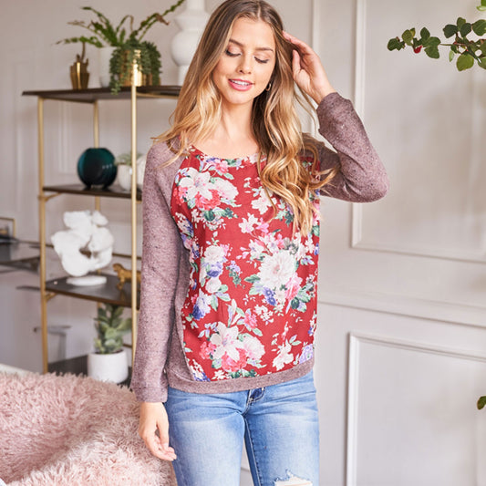 Burgundy/Mocha Floral Print Top, Top, Burgundy, Cute top, Floral, Top, winter, Woman apparel, Women's top, Womens clothing - Miah & Elliott
