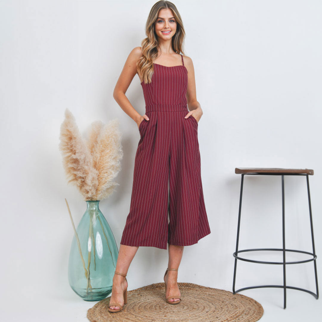 Burgundy Stripe Jumpsuit, Jumpsuit, Jumpsuit, Romper, Woman apparel, Womens clothing - Miah & Elliott