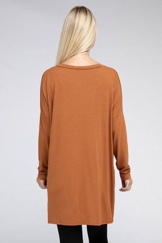 Dolman Long Sleeve V-Neck Side Slit Hi-Low Hem Top, Top, Long Sleeve, Missy, Polyester, Solid, Tunics, V-Neck - Miah & Elliott