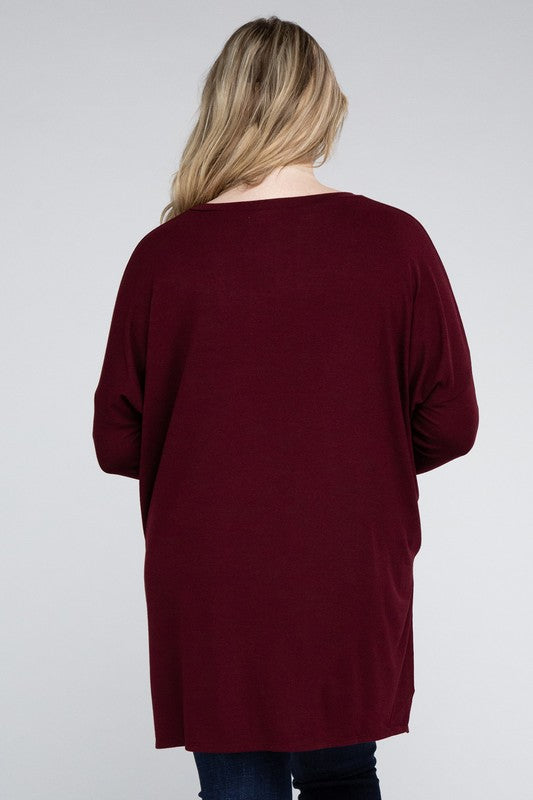 Plus Dolman Sleeve V-Neck Side Slit Hi-Low Hem Top, Top, Long Sleeve, Plus, Polyester, Solid, Tunics, V-Neck - Miah & Elliott