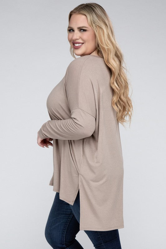 Plus Dolman Sleeve V-Neck Side Slit Hi-Low Hem Top, Top, Long Sleeve, Plus, Polyester, Solid, Tunics, V-Neck - Miah & Elliott