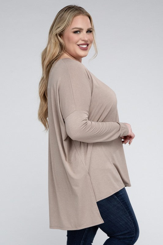 Plus Dolman Sleeve V-Neck Side Slit Hi-Low Hem Top, Top, Long Sleeve, Plus, Polyester, Solid, Tunics, V-Neck - Miah & Elliott