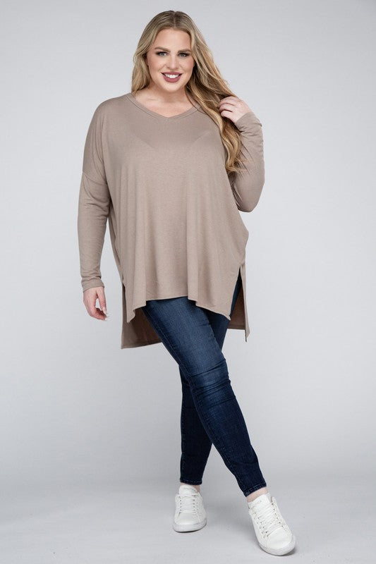 Plus Dolman Sleeve V-Neck Side Slit Hi-Low Hem Top, Top, Long Sleeve, Plus, Polyester, Solid, Tunics, V-Neck - Miah & Elliott