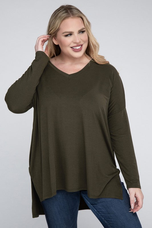 Plus Dolman Sleeve V-Neck Side Slit Hi-Low Hem Top, Top, Long Sleeve, Plus, Polyester, Solid, Tunics, V-Neck - Miah & Elliott