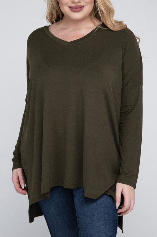 Plus Dolman Sleeve V-Neck Side Slit Hi-Low Hem Top, Top, Long Sleeve, Plus, Polyester, Solid, Tunics, V-Neck - Miah & Elliott