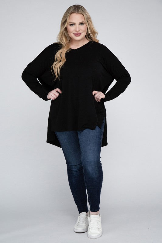 Plus Dolman Sleeve V-Neck Side Slit Hi-Low Hem Top, Top, Long Sleeve, Plus, Polyester, Solid, Tunics, V-Neck - Miah & Elliott