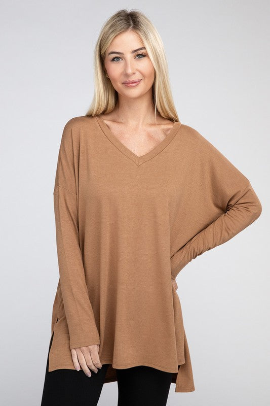 Dolman Long Sleeve V-Neck Side Slit Hi-Low Hem Top, Top, Long Sleeve, Missy, Polyester, Solid, Tunics, V-Neck - Miah & Elliott