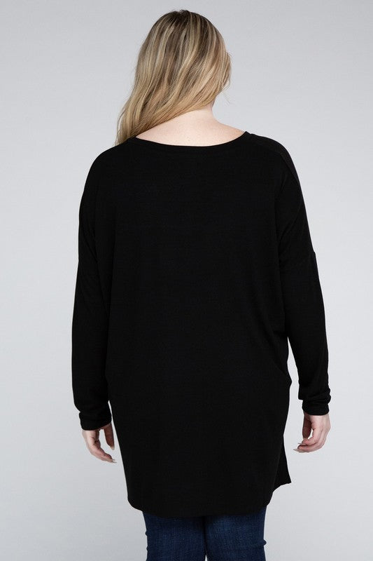 Plus Dolman Sleeve V-Neck Side Slit Hi-Low Hem Top, Top, Long Sleeve, Plus, Polyester, Solid, Tunics, V-Neck - Miah & Elliott