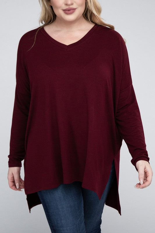 Plus Dolman Sleeve V-Neck Side Slit Hi-Low Hem Top, Top, Long Sleeve, Plus, Polyester, Solid, Tunics, V-Neck - Miah & Elliott