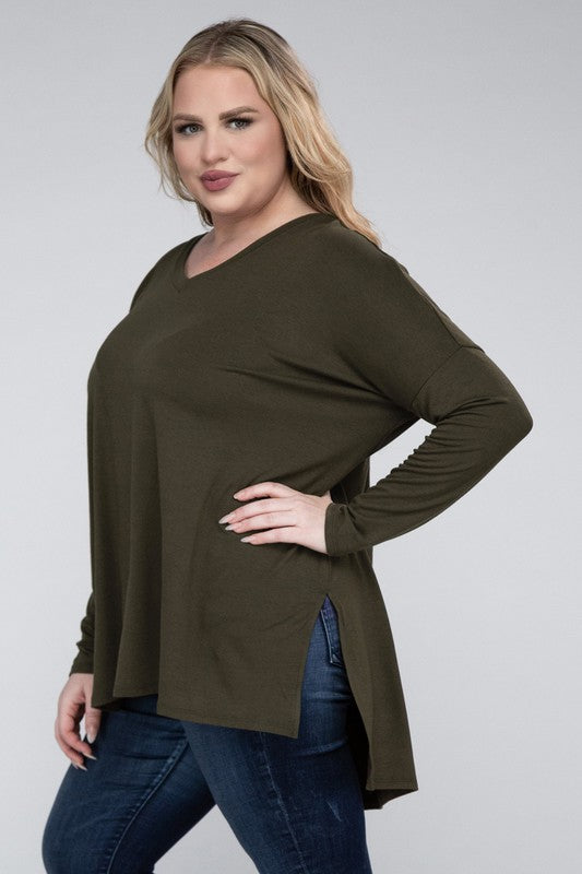 Plus Dolman Sleeve V-Neck Side Slit Hi-Low Hem Top, Top, Long Sleeve, Plus, Polyester, Solid, Tunics, V-Neck - Miah & Elliott